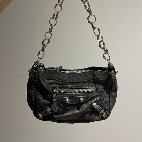 BALENCIAGA Gray Leather Bag with Chain Strap & Pocket Mirror - Picture 5 of 6